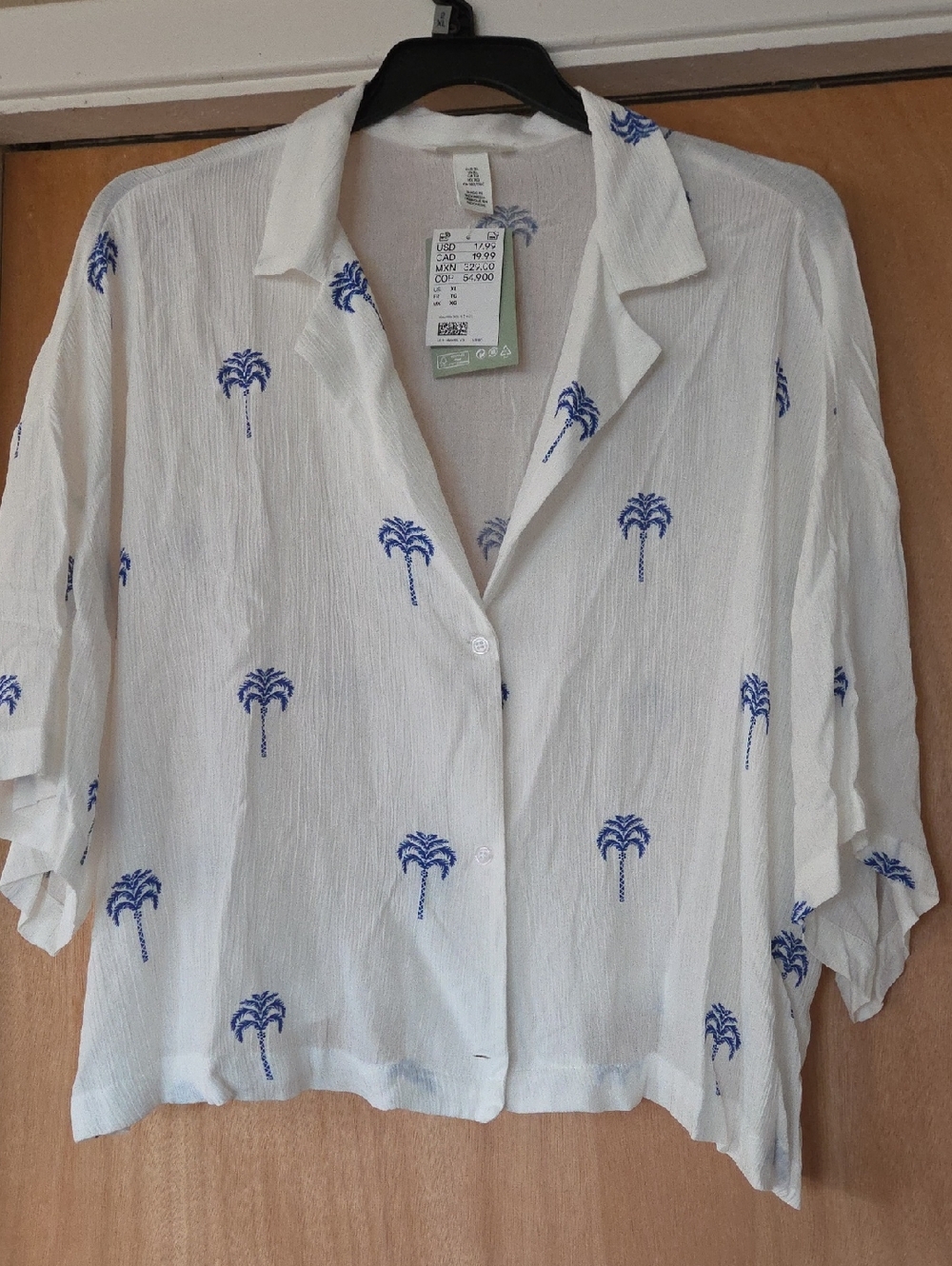 White Button-Front Palm Print Camp Shirt